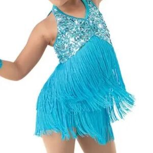 Weissman dance costume aqua blue sequin fringe flapper Little Brown Jug 10425 SC